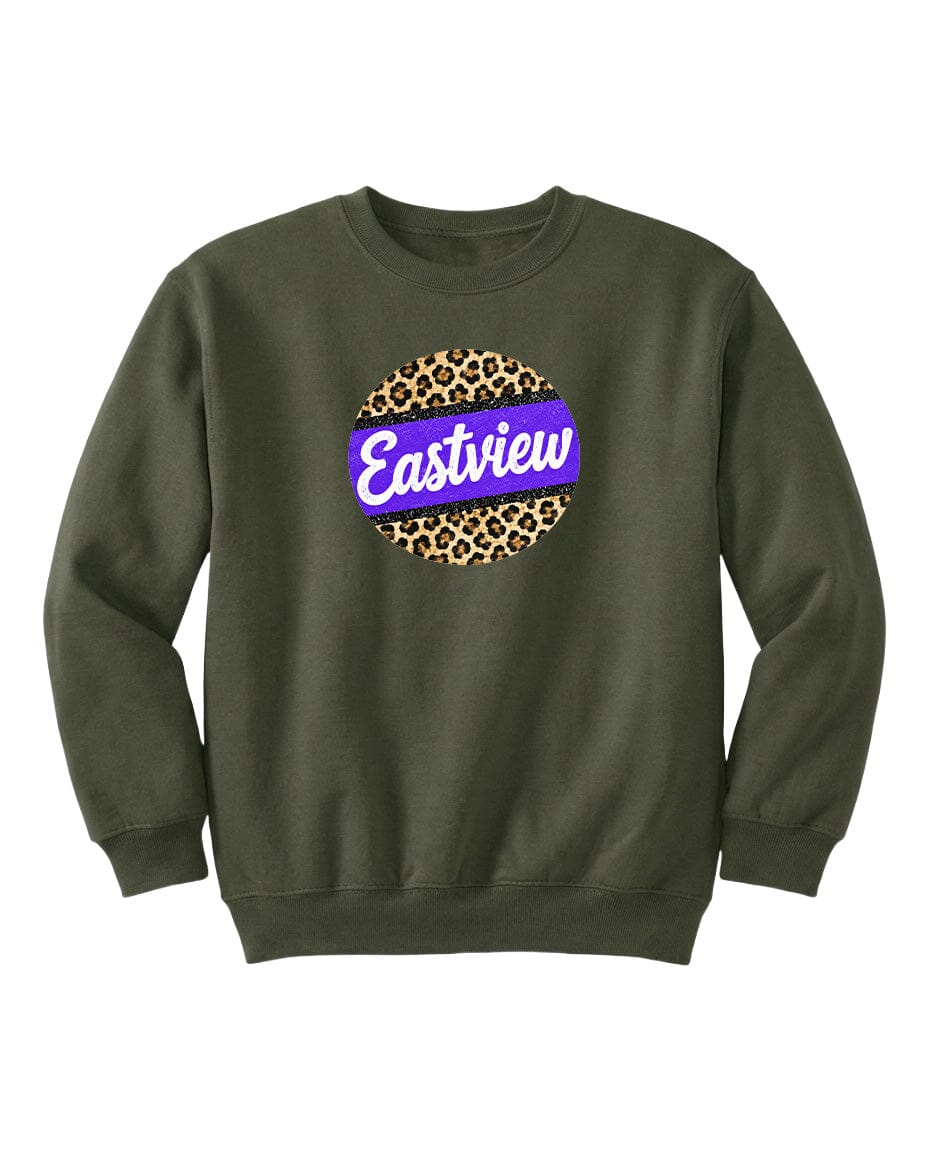 A dark green sweatshirt with a large circular logo on the front. The logo features a leopard print design and the word "Eastview" written in purple text.