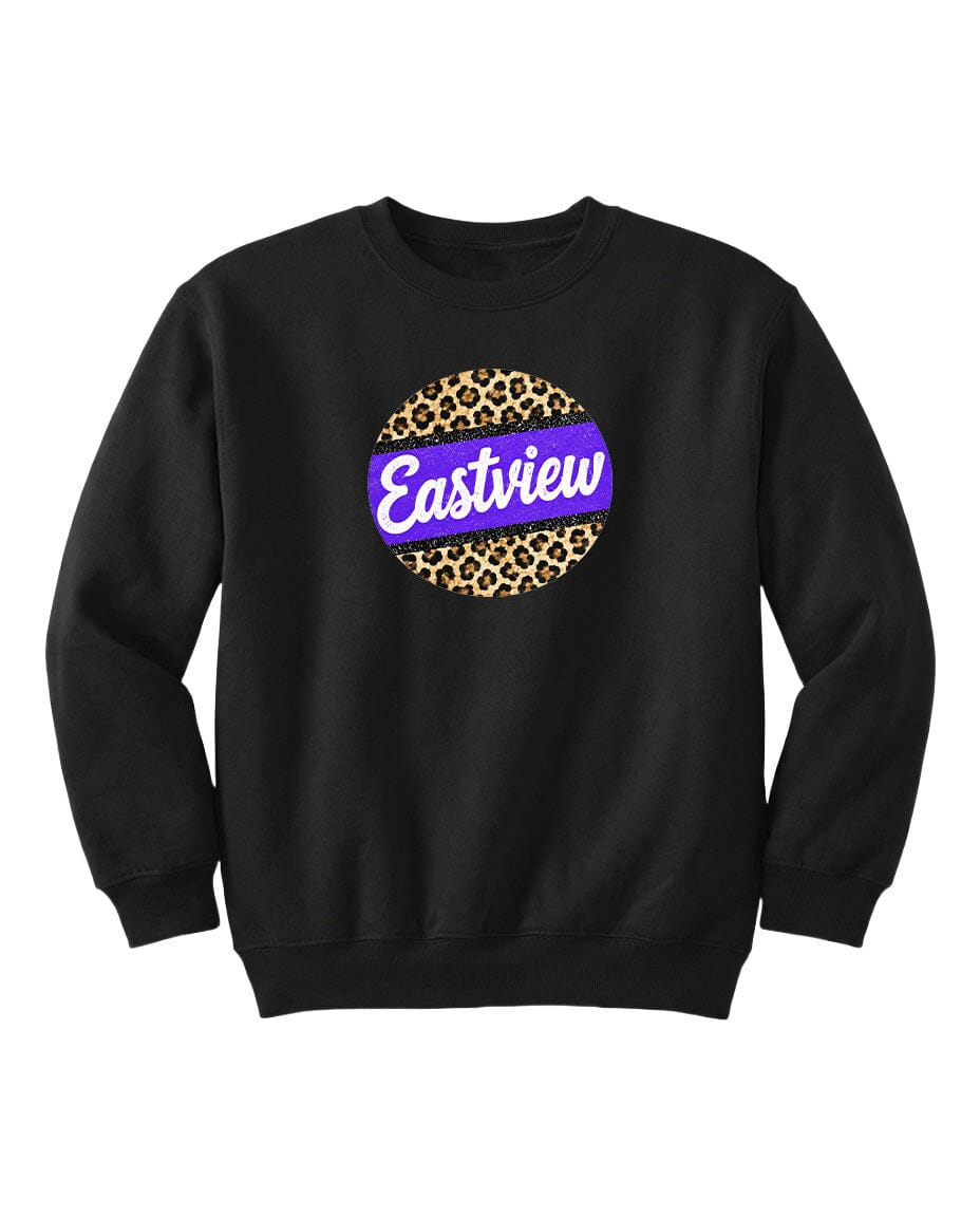 A black sweatshirt with a purple and leopard print circular logo on the front.
