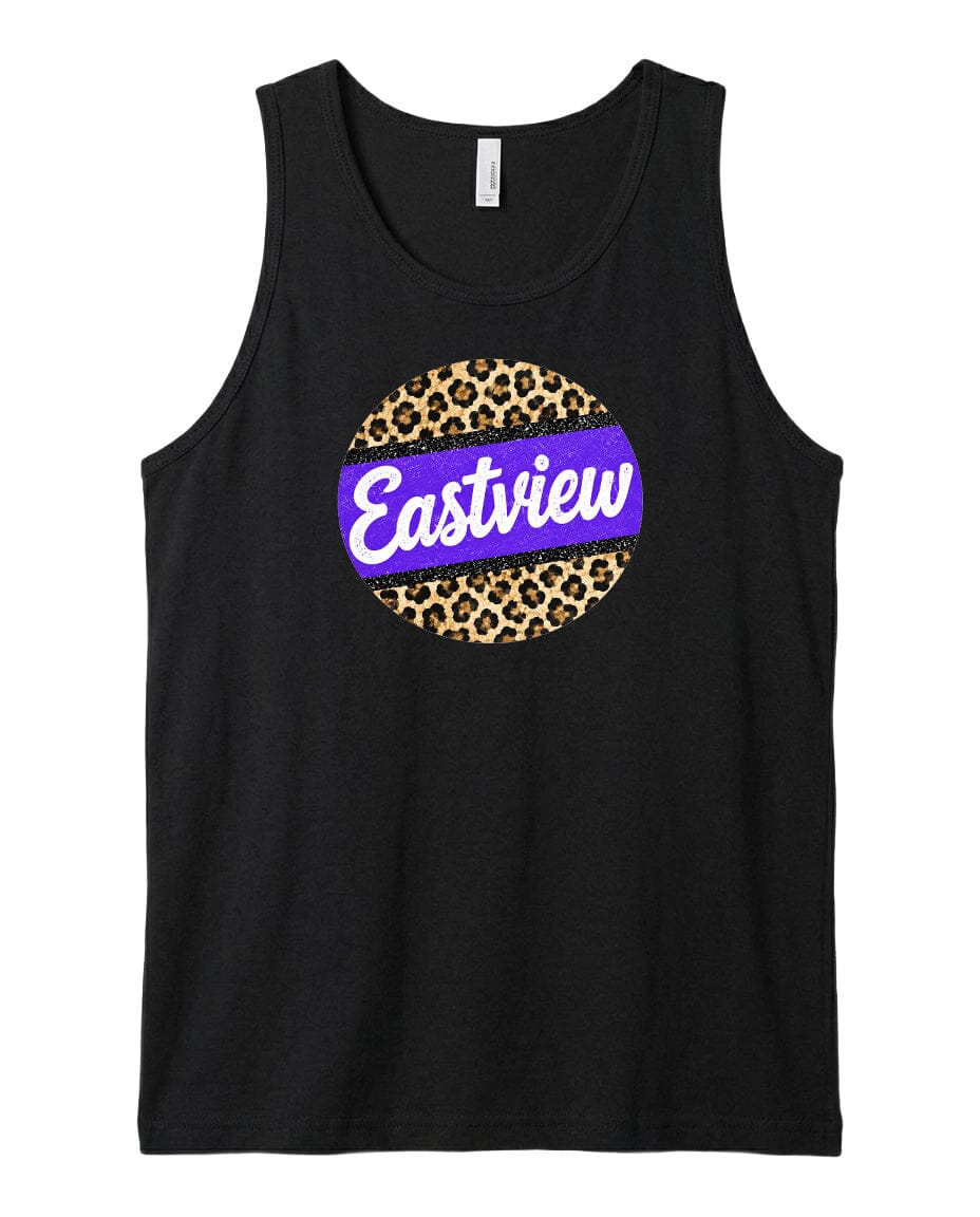 A black tank top with a leopard print design and the word "Eastview" printed on it.