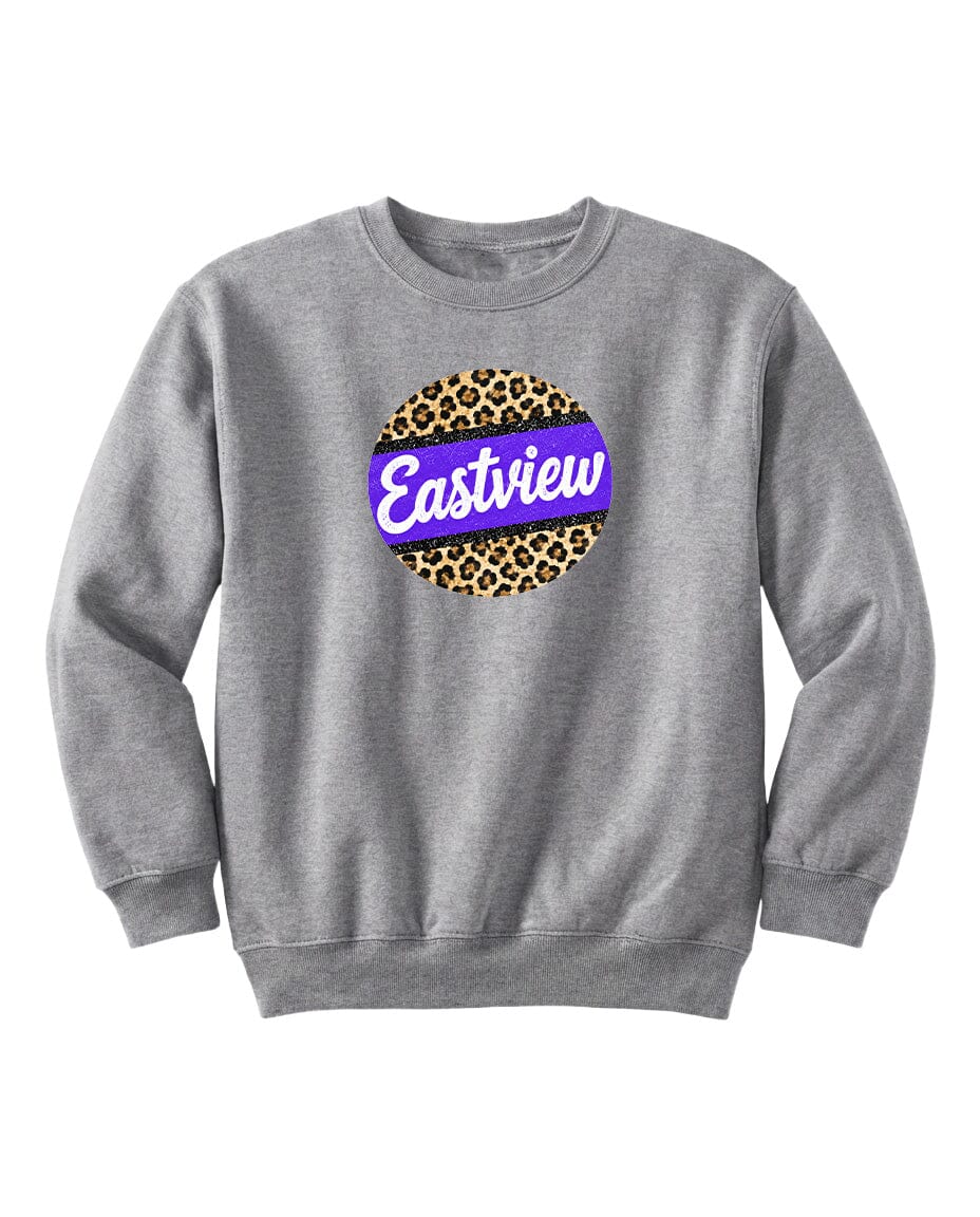 A gray sweatshirt with a leopard print design and the word "Eastview" printed on it.