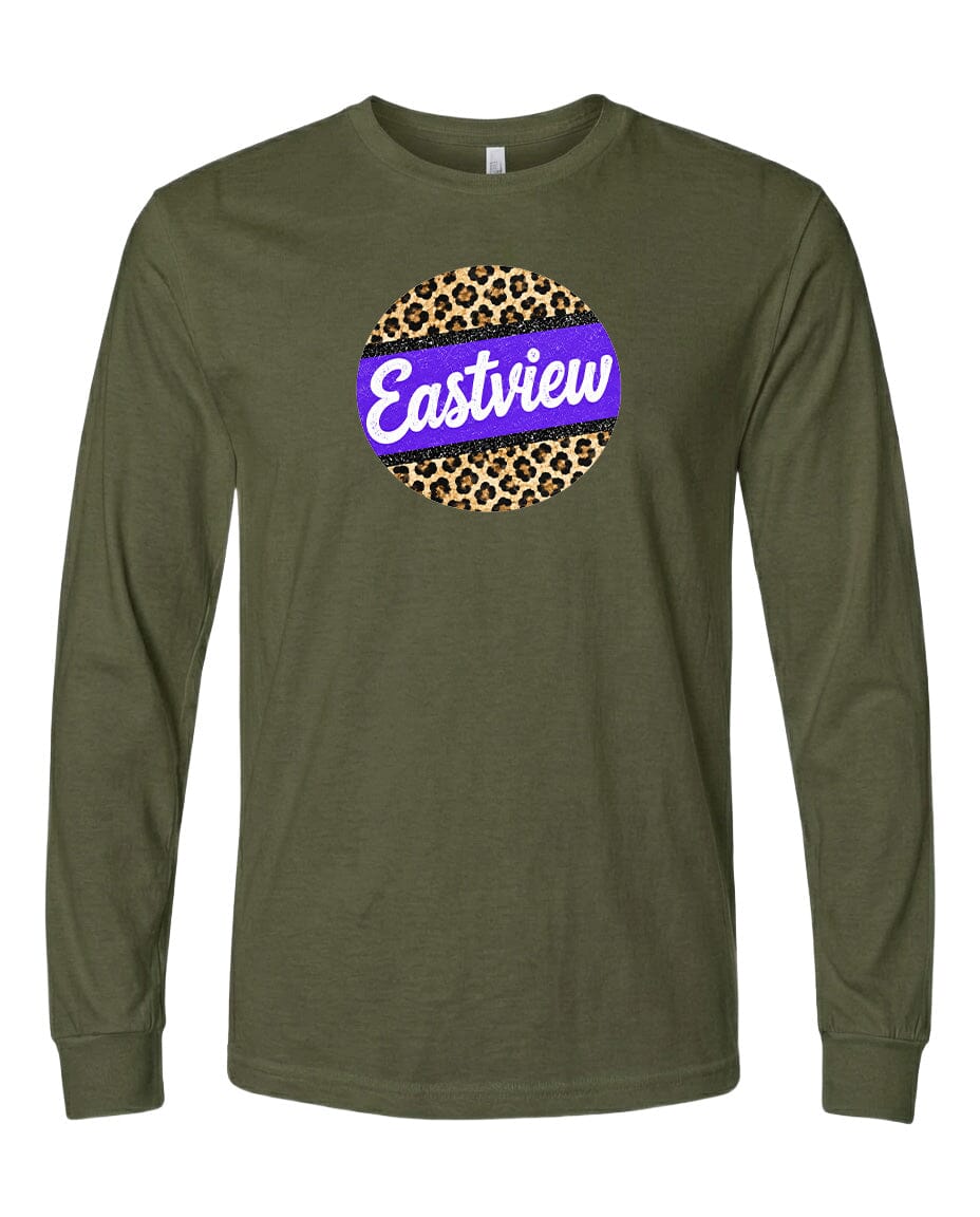A long-sleeved olive green t-shirt with a purple and leopard print circular logo on the front.
