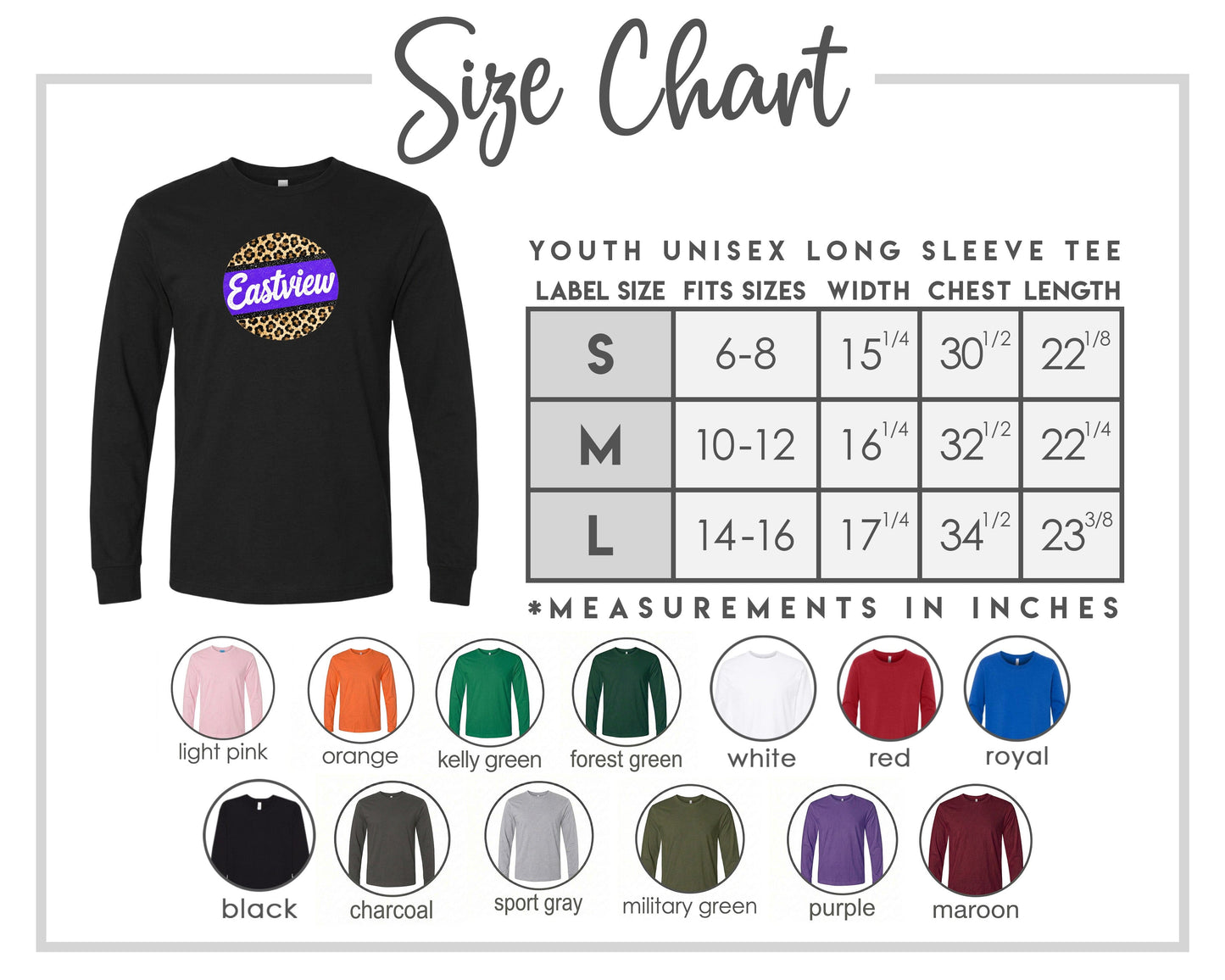 a long - sleeved shirt with the size chart for the long sleeve shirt