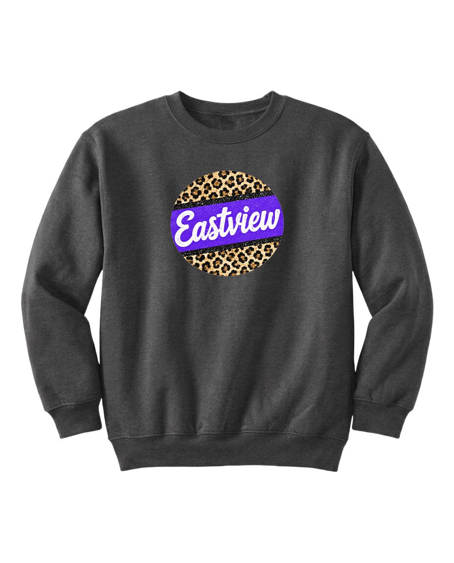 A gray sweatshirt with a leopard print design and the word "Eastview" printed on it.