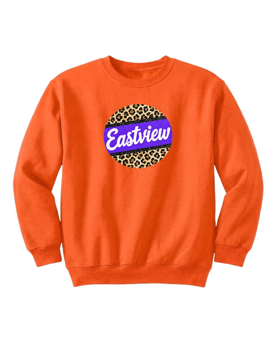 An orange sweatshirt with a leopard print design and the word "Eastview" printed on it.