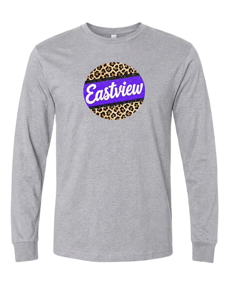 A gray long-sleeved t-shirt with a purple and leopard print circular logo on the front.