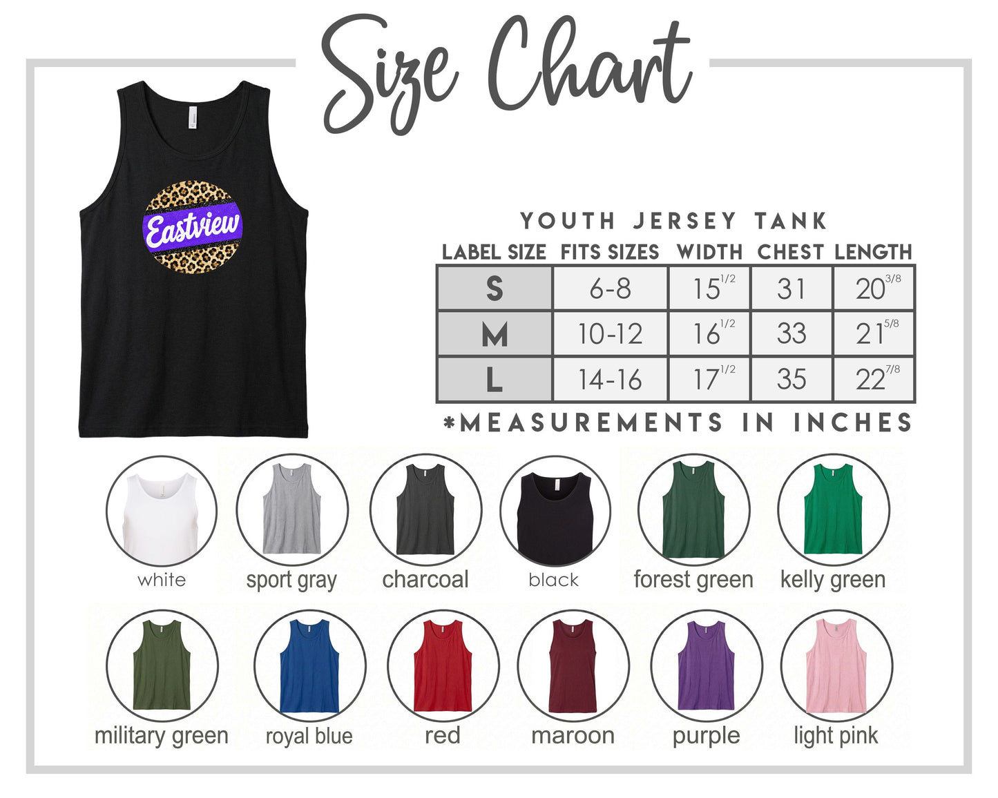 The image is a size chart for a youth jersey tank, displaying various color options and corresponding measurements in inches.