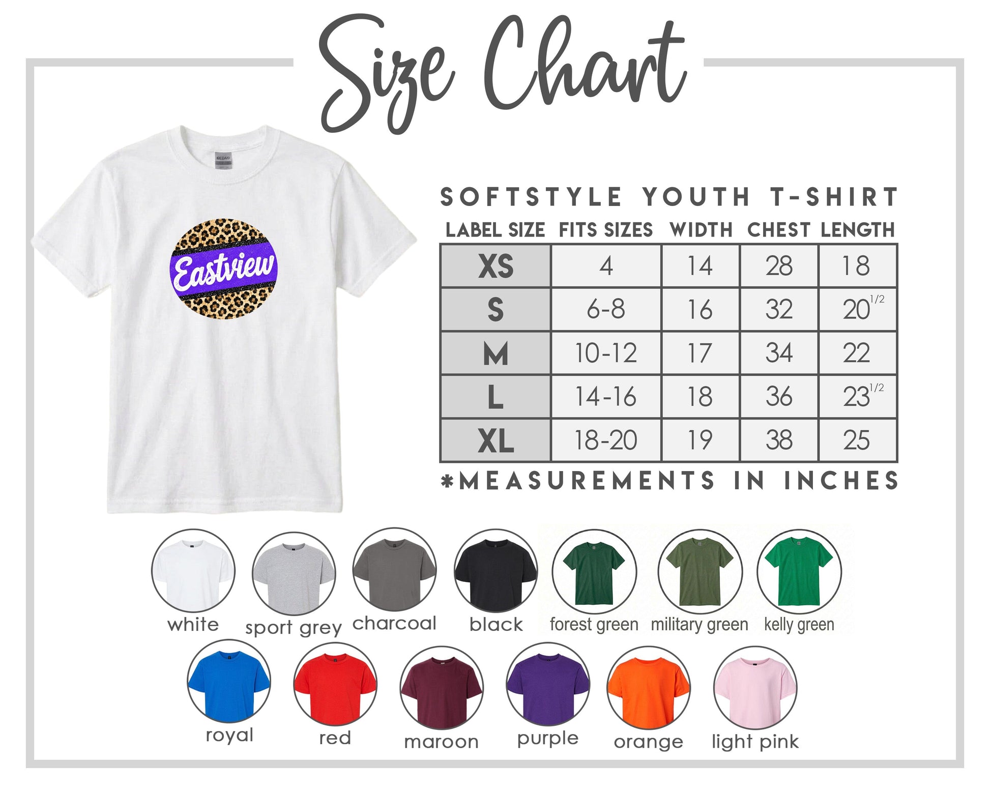 The image is a size chart for a softstyle youth t-shirt, providing measurements for different sizes and corresponding t-shirt colors.