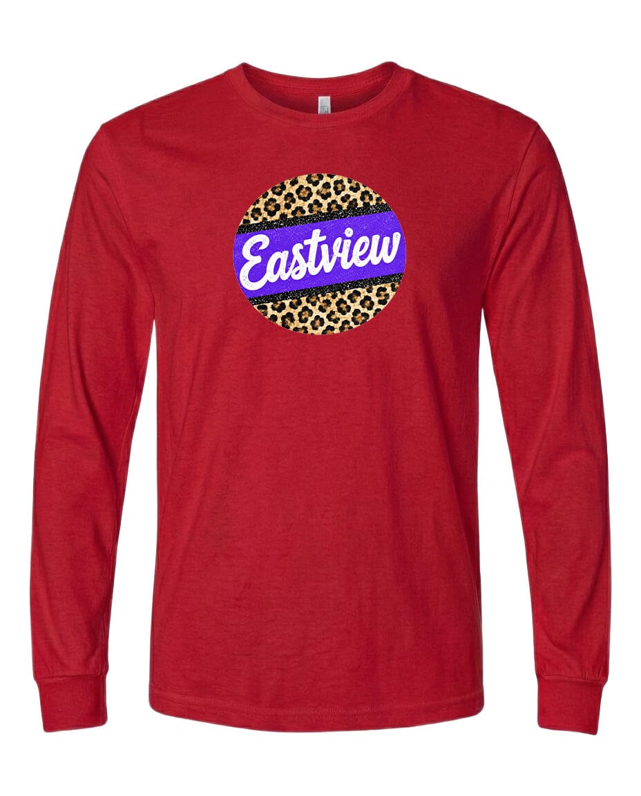 A red long-sleeved t-shirt with a leopard print design and the word "Eastview" printed on it.