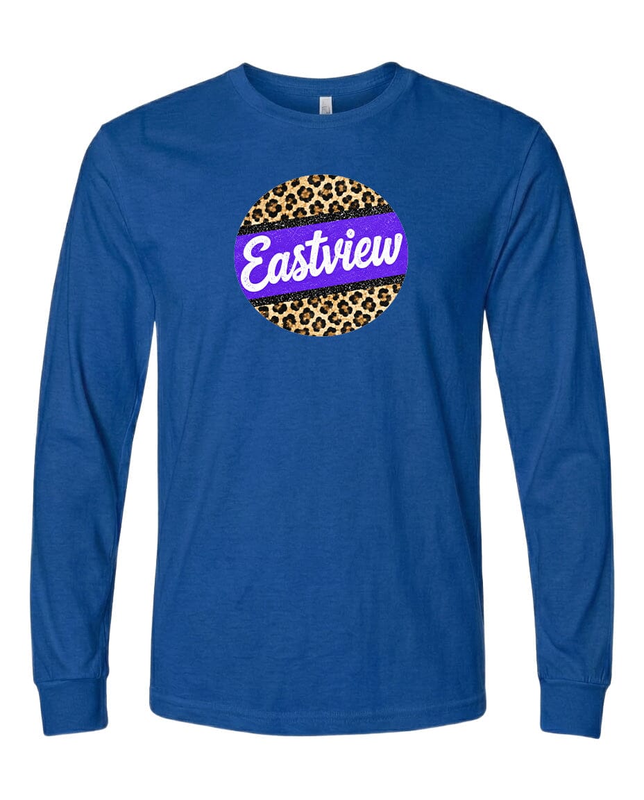 A blue long-sleeved t-shirt with a leopard print design and the word "Eastview" printed on it.