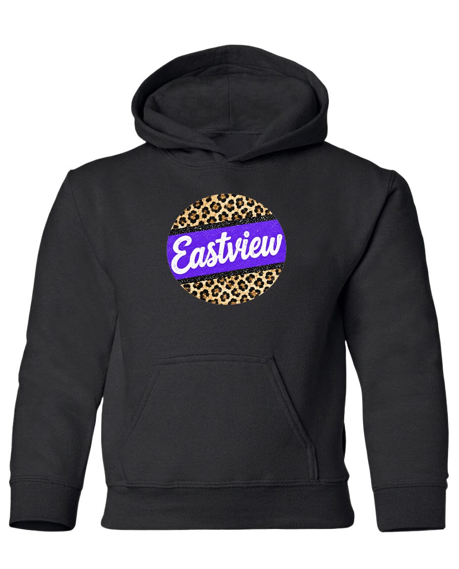 A black hoodie with a leopard print design and the word "Eastview" printed on it.