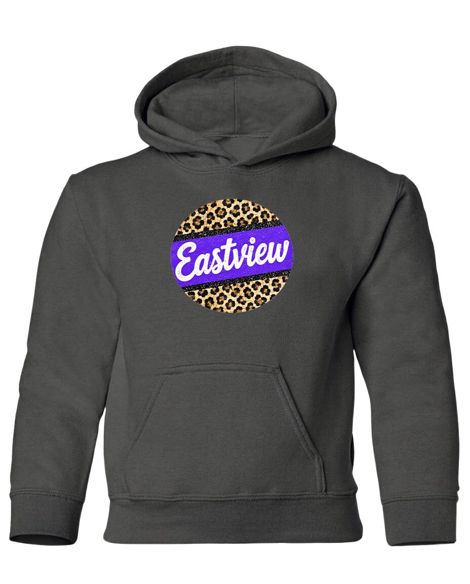 A gray hoodie with a leopard print design and the word "Eastview" printed on it.