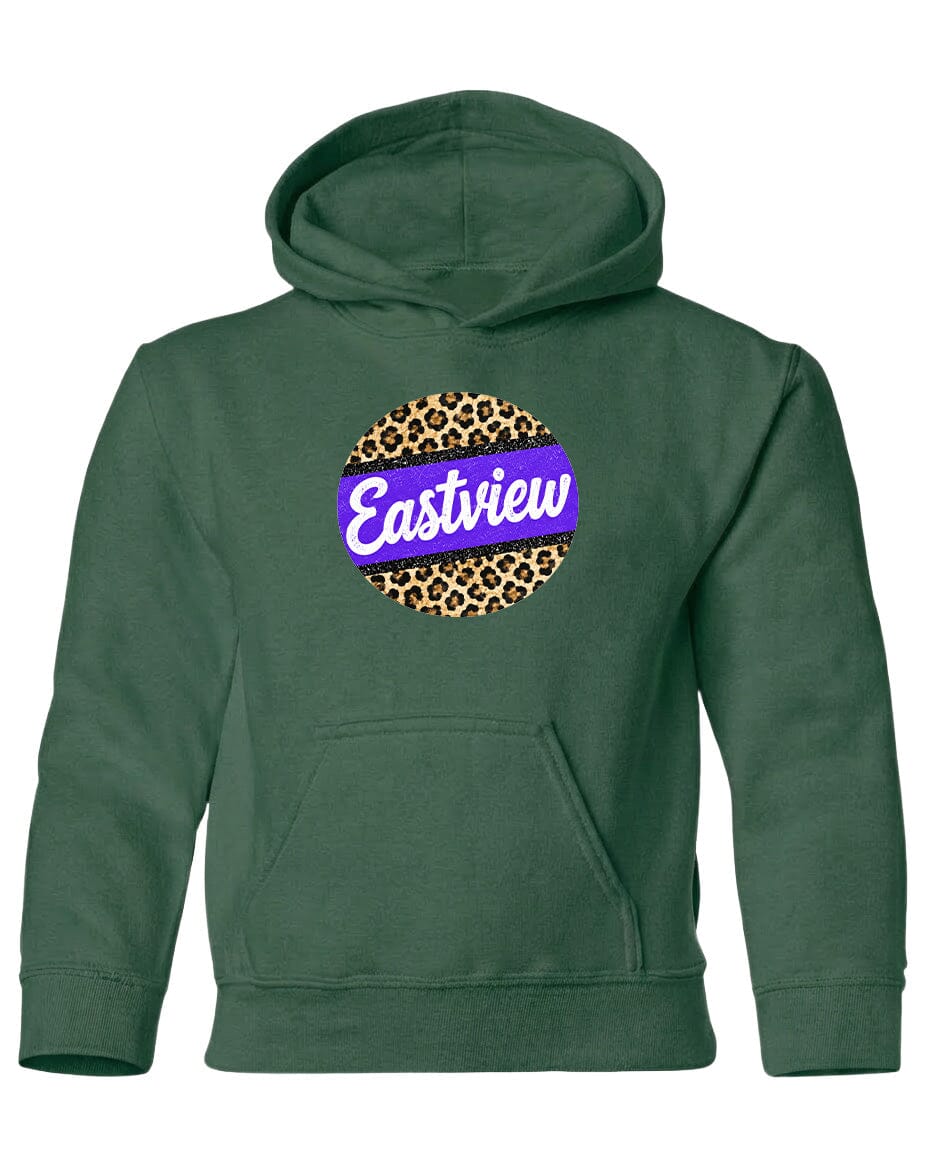 A green hoodie with a leopard print design and the word "Eastview" printed on it.