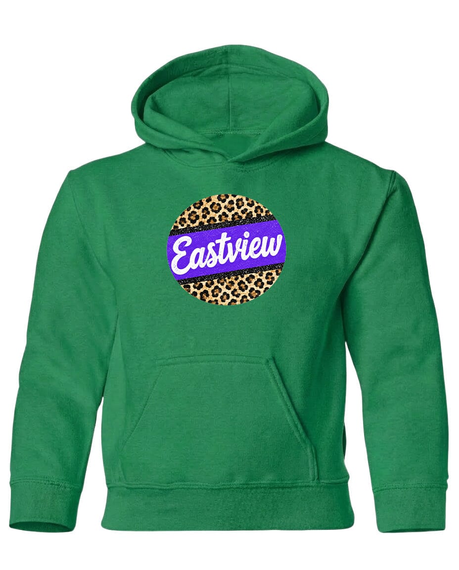 A green hoodie with a leopard print design and the word "Eastview" printed on it.