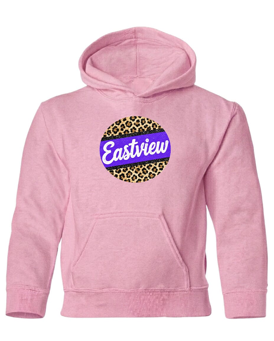 A pink hoodie with a leopard print design and the word "Eastview" printed on it.