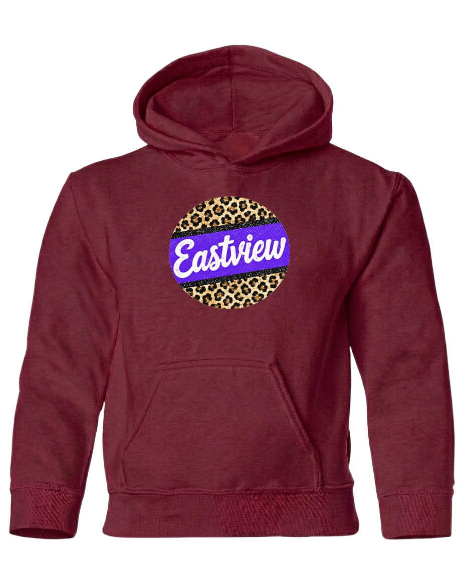 A burgundy-colored hoodie with a leopard print design and the word "Eastview" printed on it.