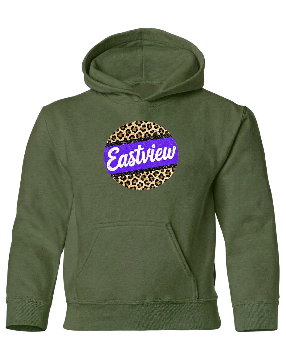 A green hoodie with a leopard print design and the word "Eastview" printed on it.