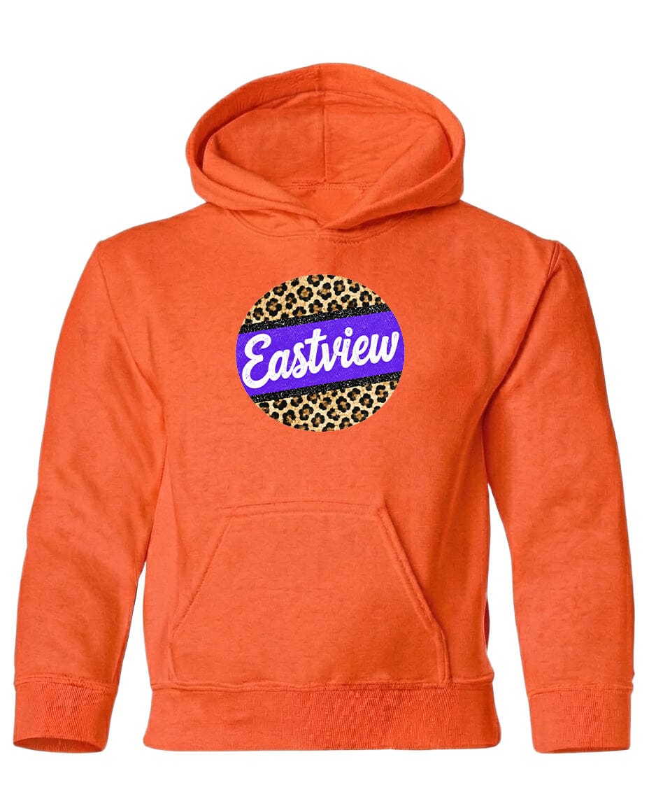 An orange hoodie with a leopard print design and the word "Eastview" printed on it.