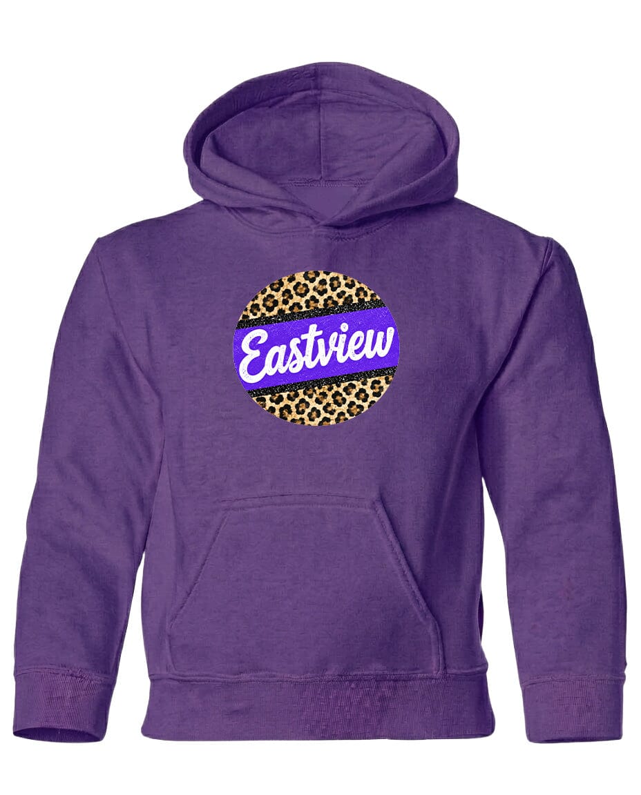 A purple hoodie with a leopard print design and the word "Eastview" printed on it.