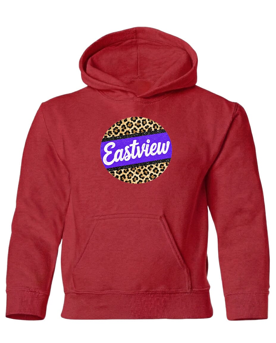 A red hoodie with a leopard print design and the word "Eastview" printed on it.