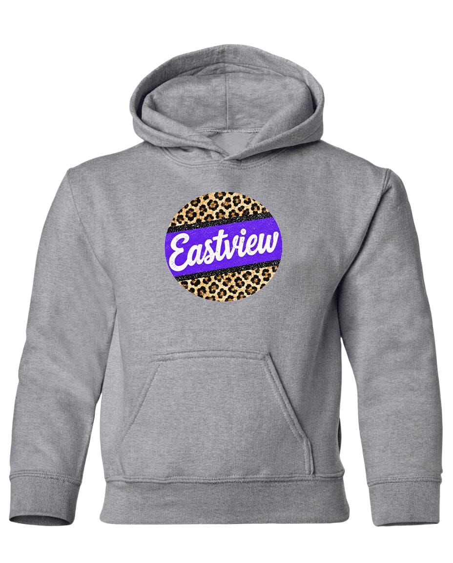 A gray hoodie with a leopard print design and the word "Eastview" printed on it.
