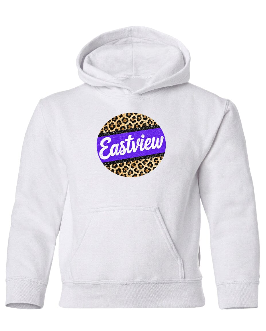 A white hoodie with a leopard print design and the word "Eastview" printed on it.