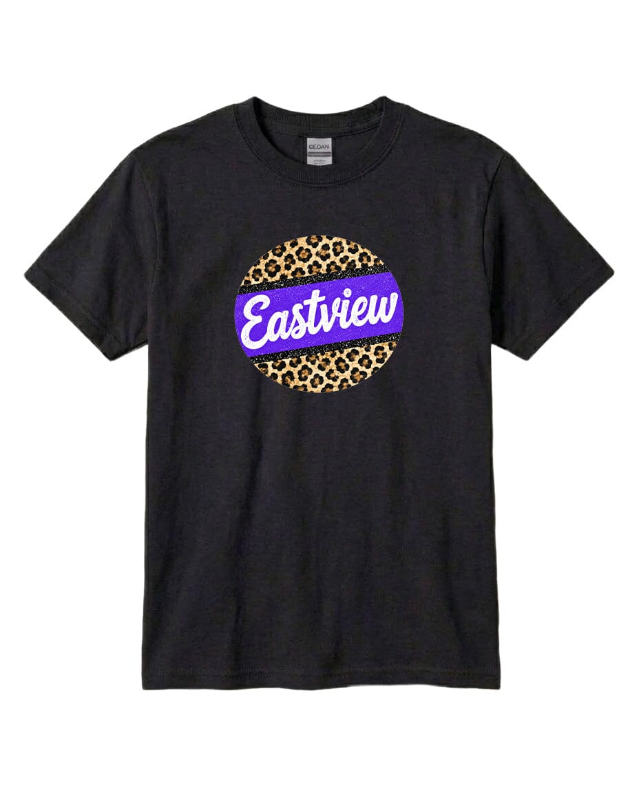 A black t-shirt with a graphic design featuring a circular pattern with a leopard print border and the word "Eastview" written in white cursive text.