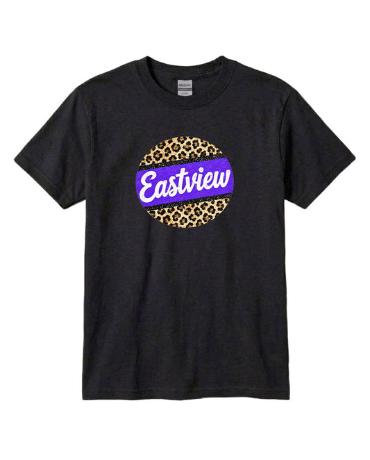 A black t-shirt with a graphic design featuring a circular pattern with a leopard print border and the word "Eastview" written in white cursive text.