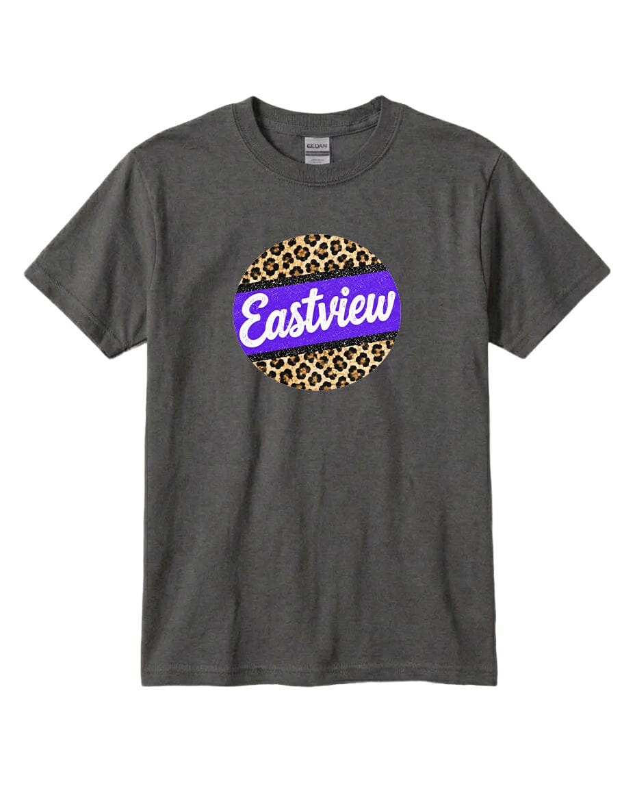 A gray t-shirt with a circular graphic design on the front. The design consists of a purple circle with a leopard print pattern inside it, and the word "Eastview" written in white cursive letters.