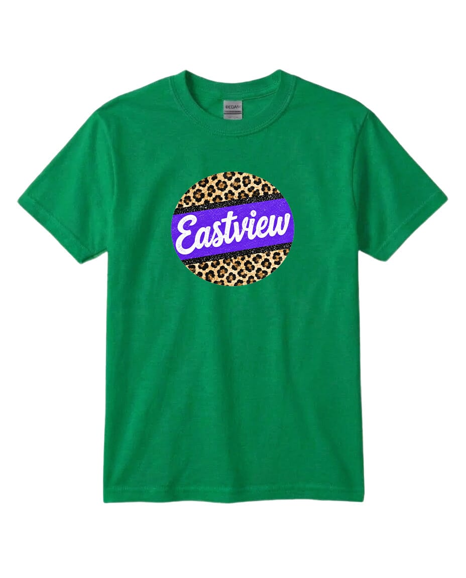 A green t-shirt with a circular graphic design on it. The design consists of a leopard print circle with the word "Eastview" written in purple text inside it.