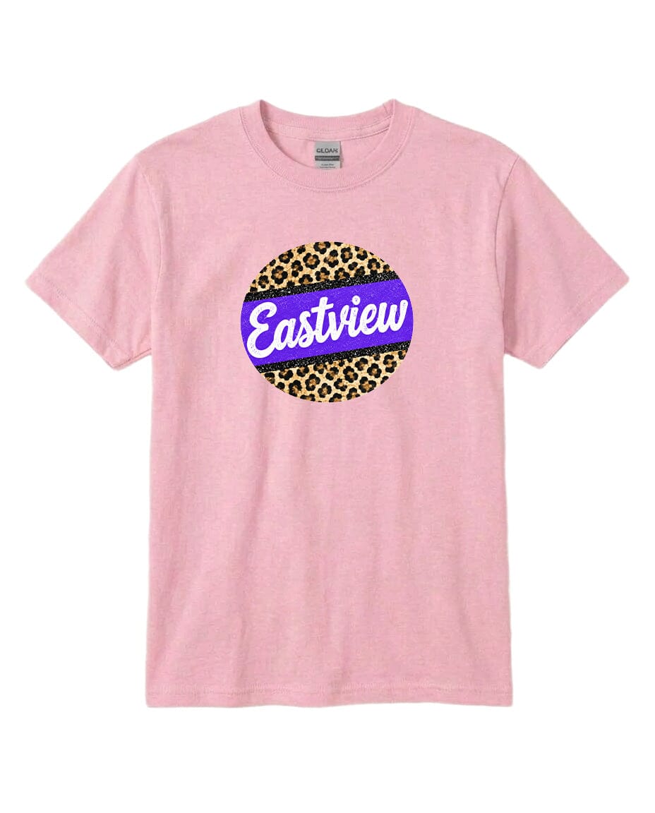 A pink t-shirt with a circular graphic design featuring a leopard print pattern and the word "Eastview" written in purple.