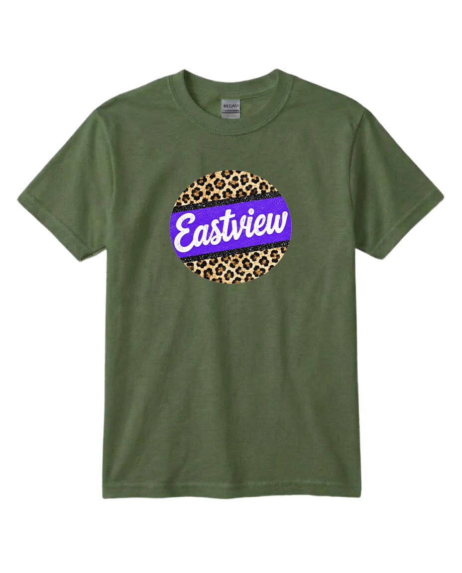 A green t-shirt with a circular graphic design featuring a leopard print pattern and the word "Eastview" written in purple.