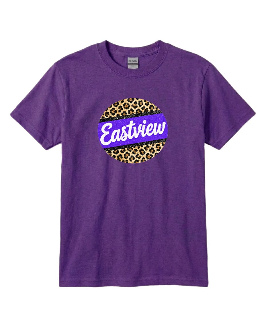 A purple t-shirt with a circular graphic design featuring a leopard print pattern and the word "Eastview" written in white text.