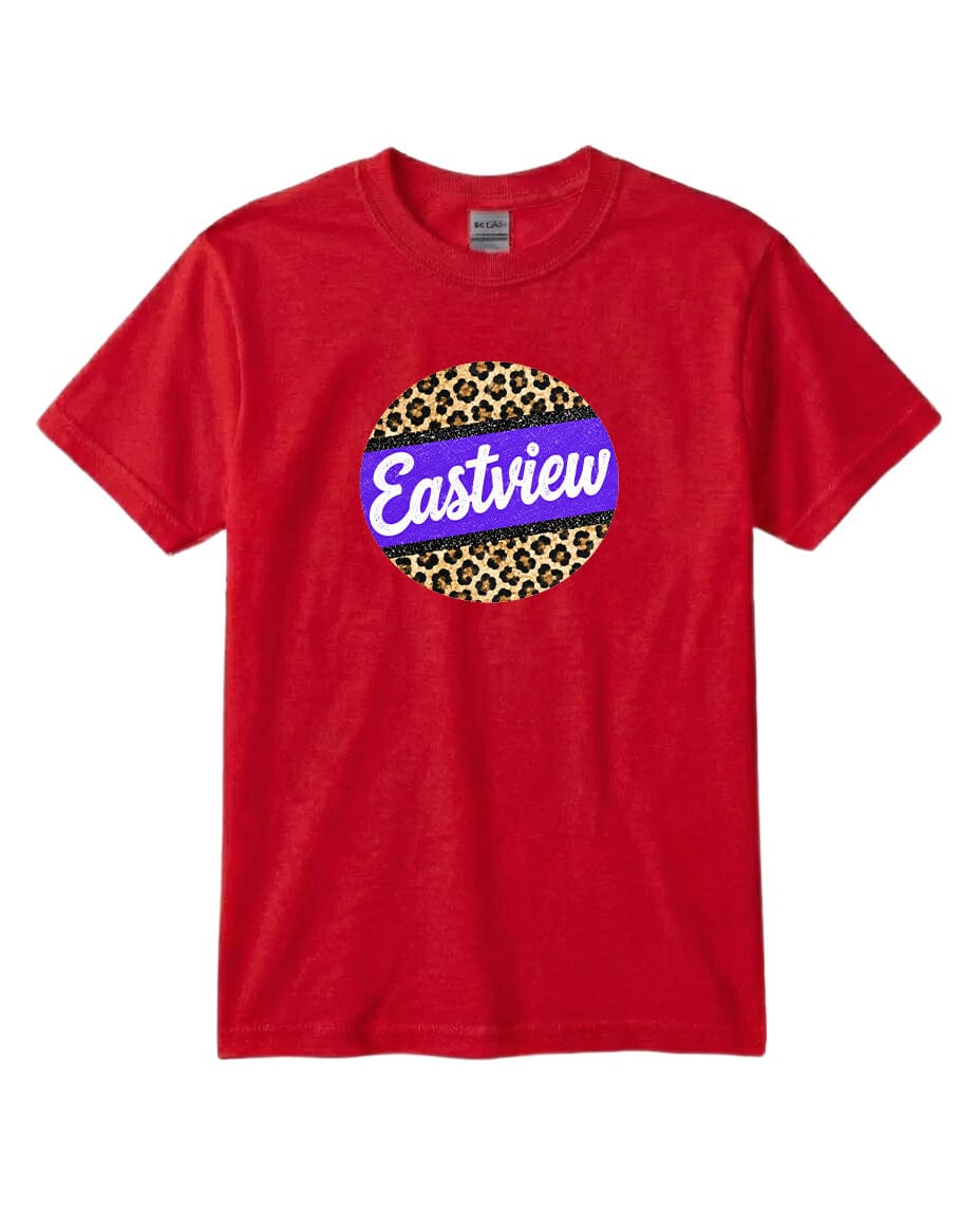 A red t-shirt with a circular logo on it.