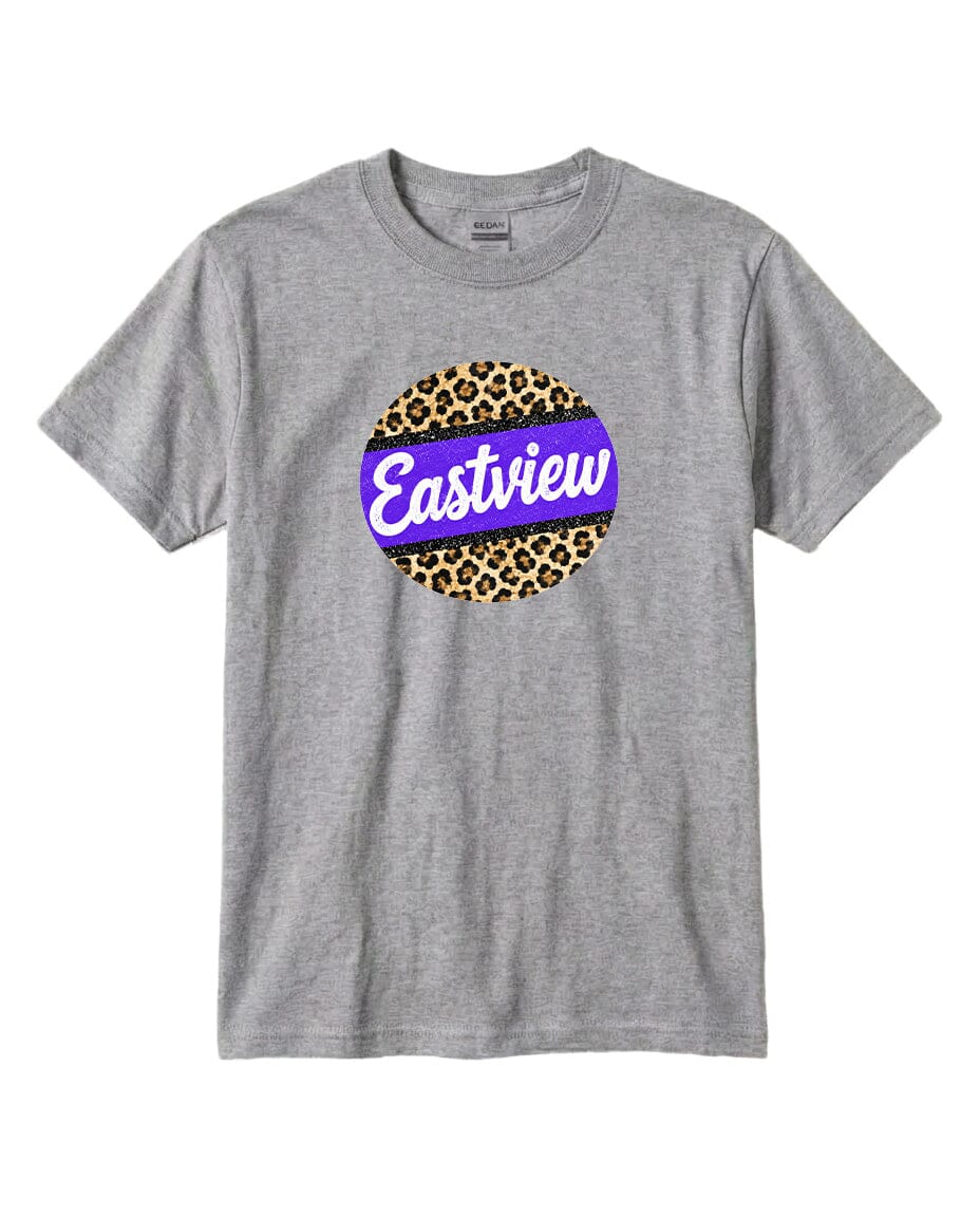 A gray t-shirt with a circular graphic design on the front. The design consists of a purple circle with a leopard print pattern, and the word "Eastview" written in white cursive letters inside the purple circle.