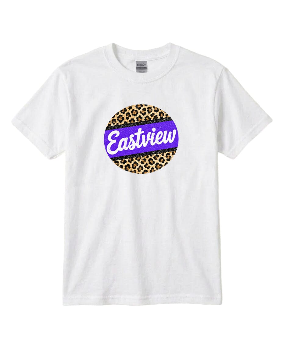 A white t-shirt with a circular graphic design featuring a leopard print pattern and the word "Eastview" written in purple text.