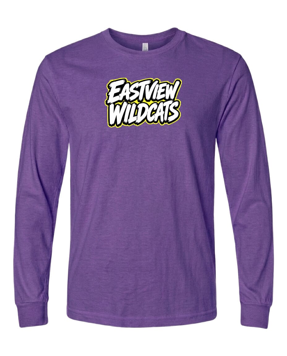 A purple long-sleeved t-shirt with the text "Eastview Wildcats" printed on it.