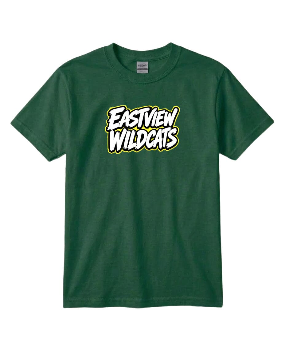 A green t-shirt with a white and yellow text logo that says "EASTVIEW WILDCATS".