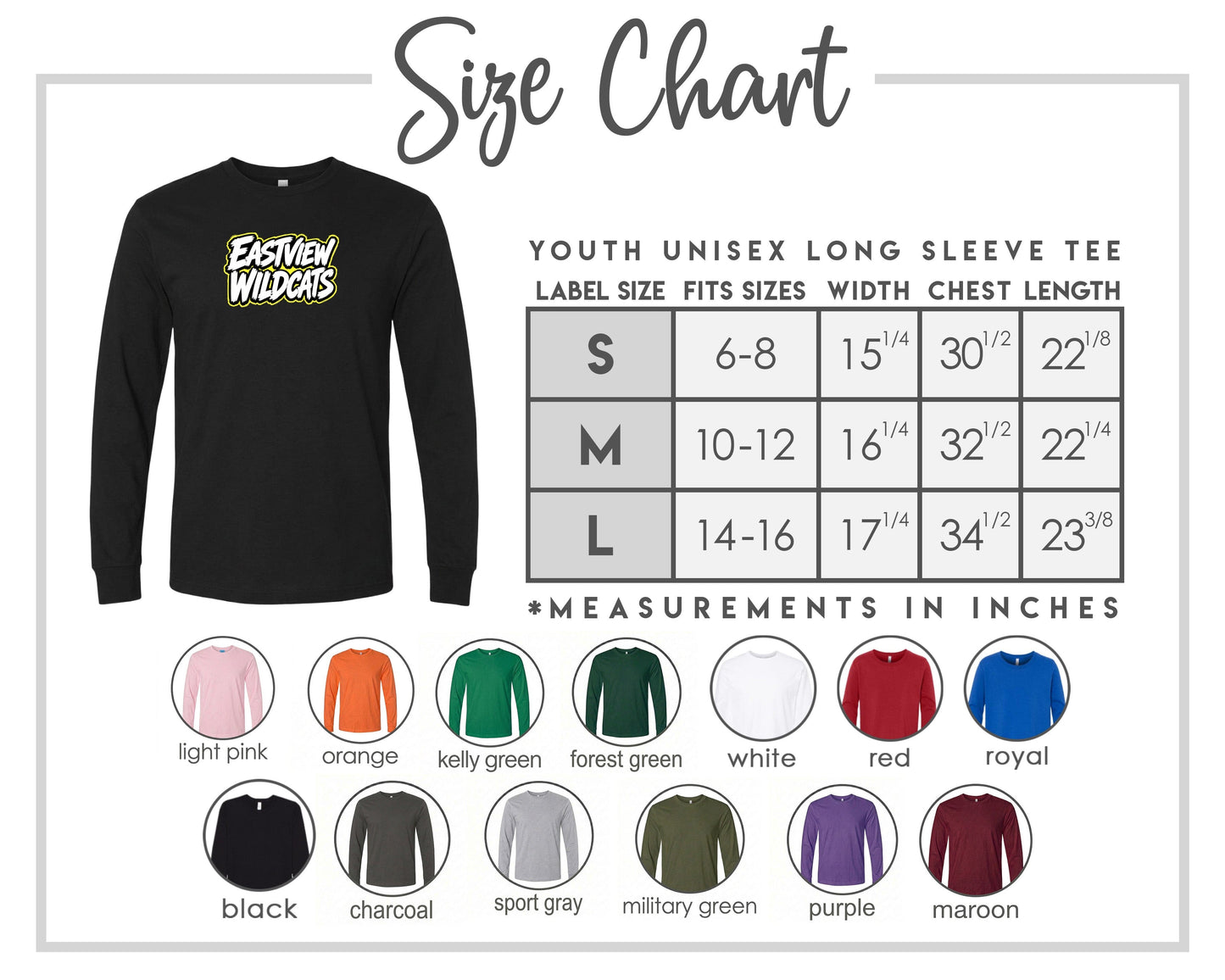 The image is a size chart for a youth unisex long sleeve tee, including various color options and corresponding measurements.