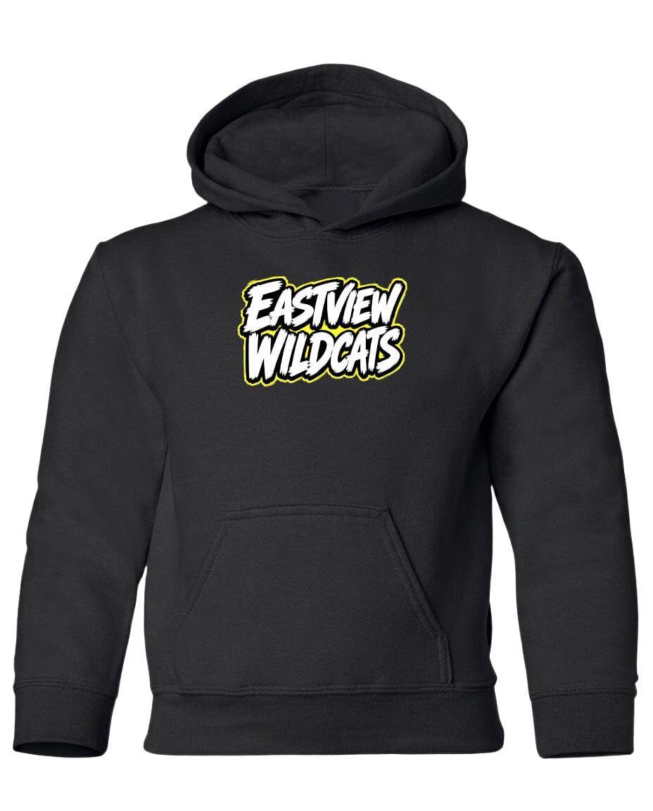 A black hooded sweatshirt with a logo on the front.