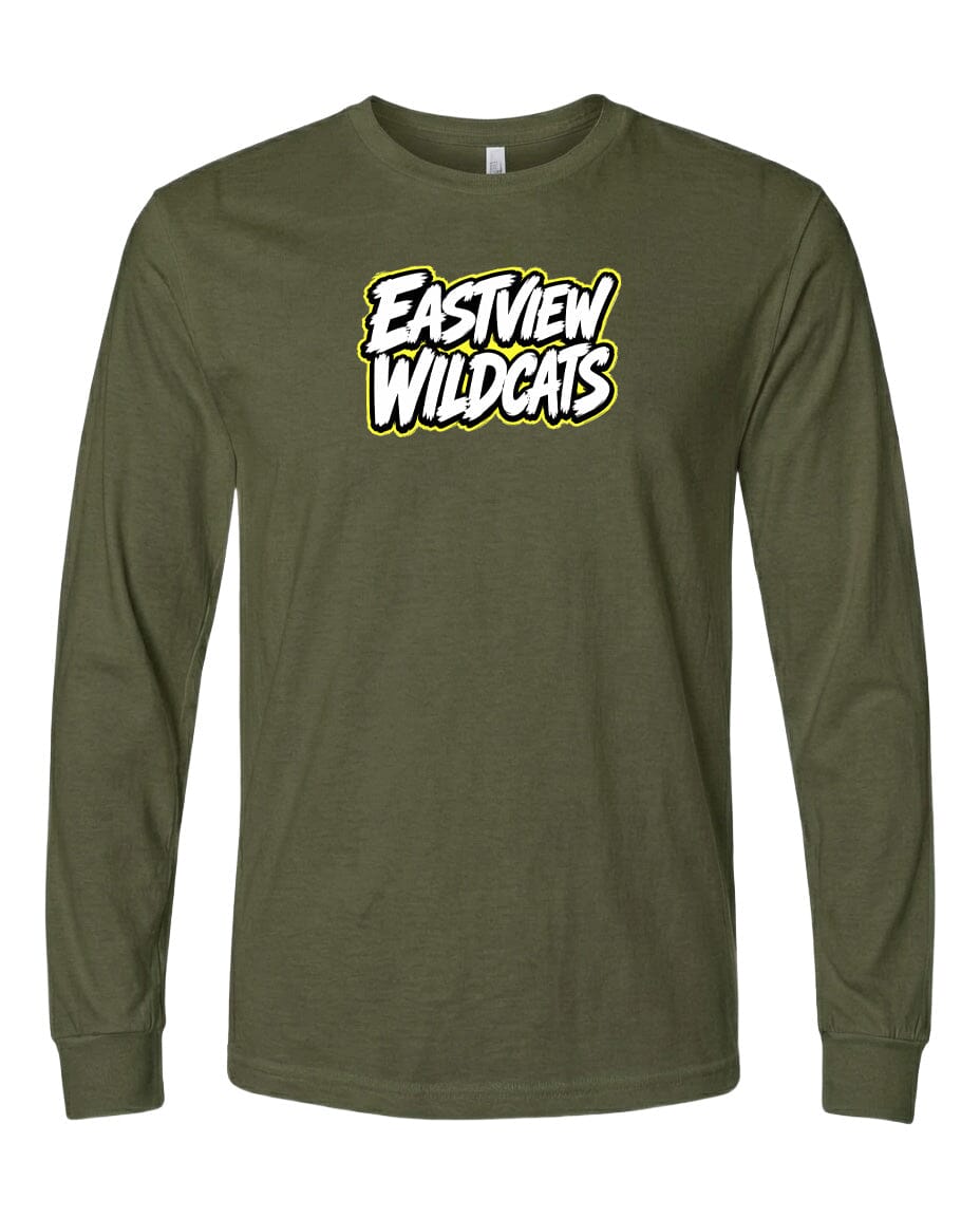 A long-sleeved olive green t-shirt with a white and yellow logo printed on it.