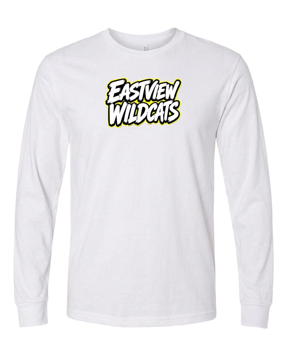 A white long-sleeved t-shirt with the text "EASTVIEW WILDCATS" printed on it in a stylized font.