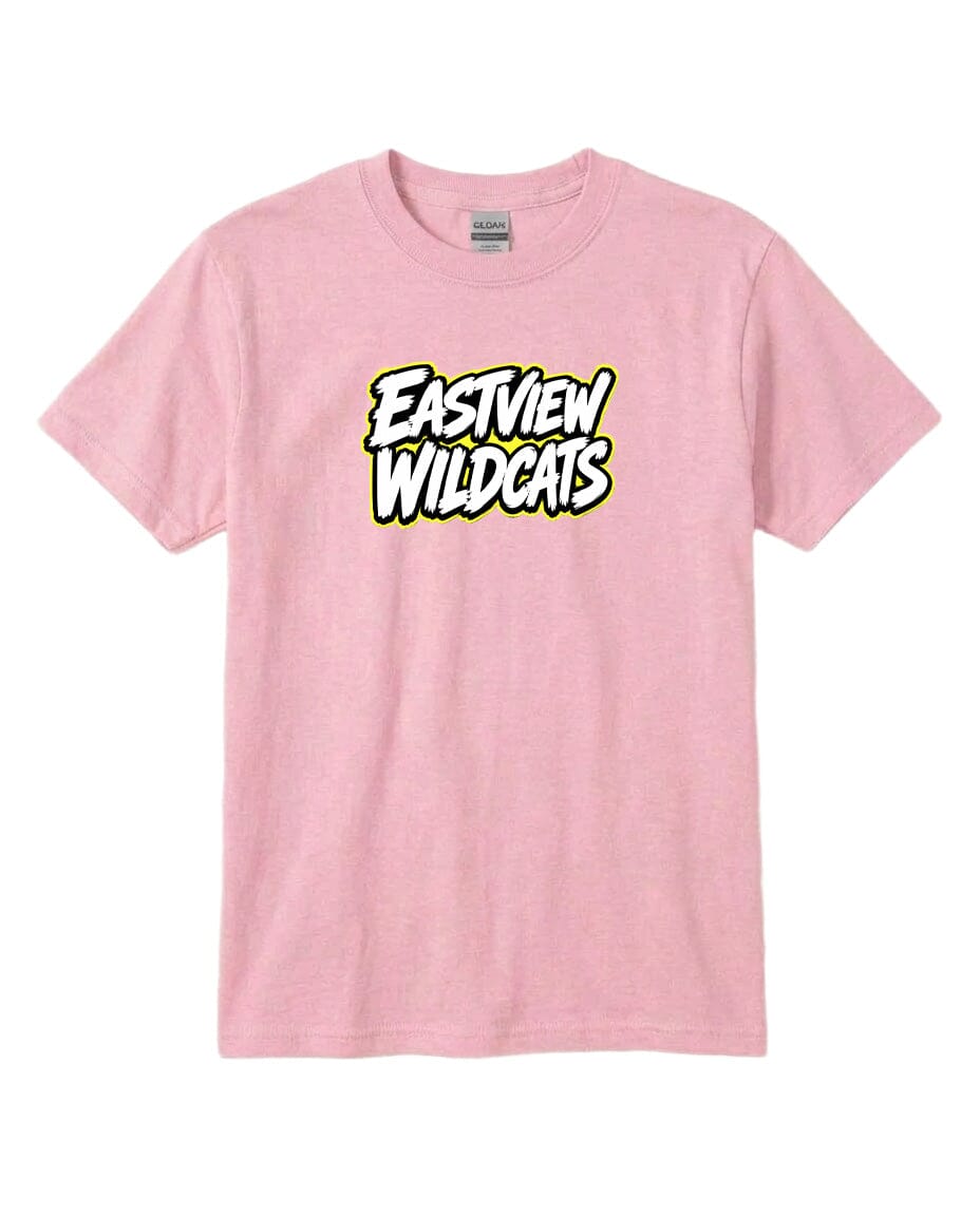 A pink t-shirt with the text "EASTVIEW WILDCATS" printed on it.