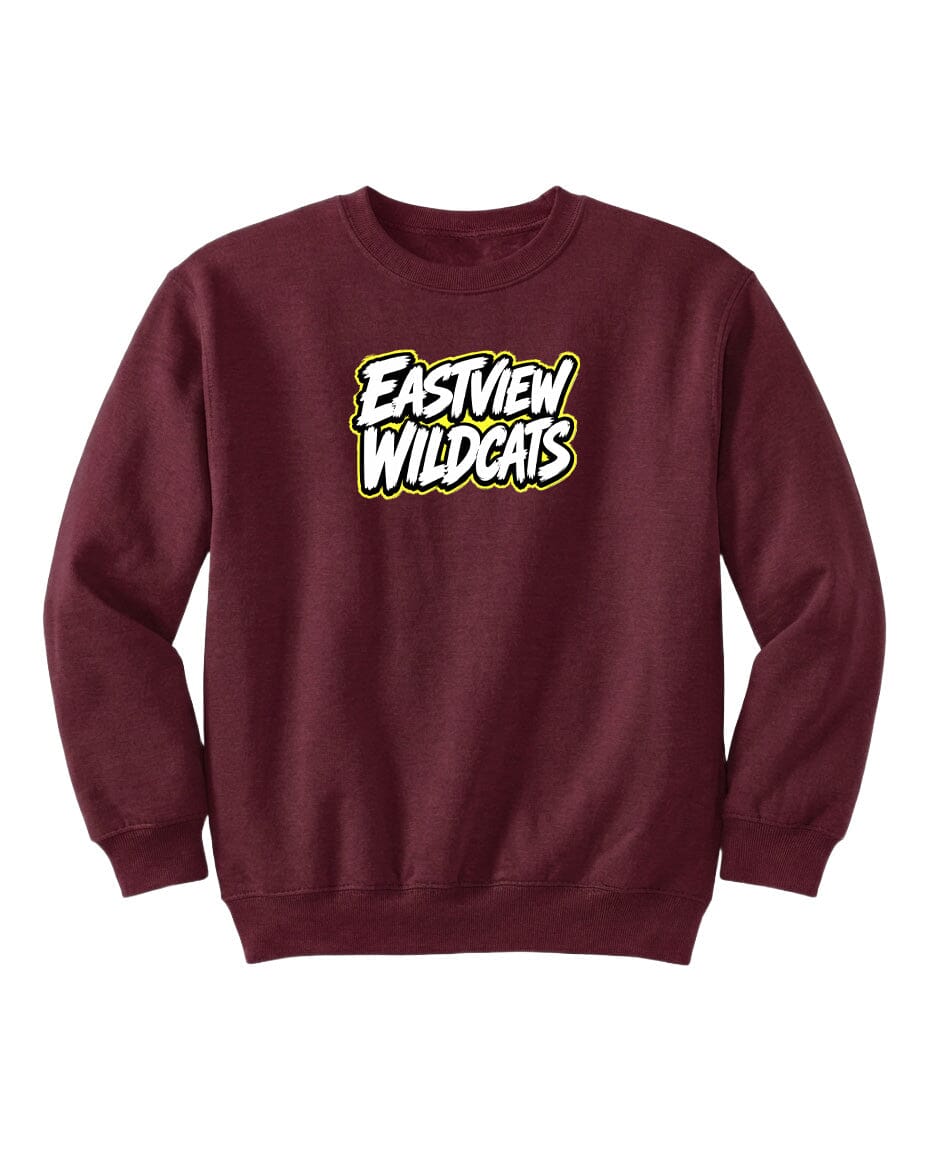 A burgundy sweatshirt with the text "EASTVIEW WILDCATS" printed on it.