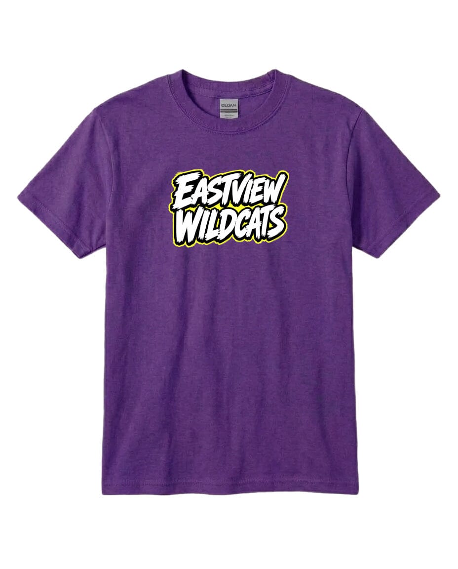 A purple t-shirt with the text "EASTVIEW WILDCATS" printed on it.