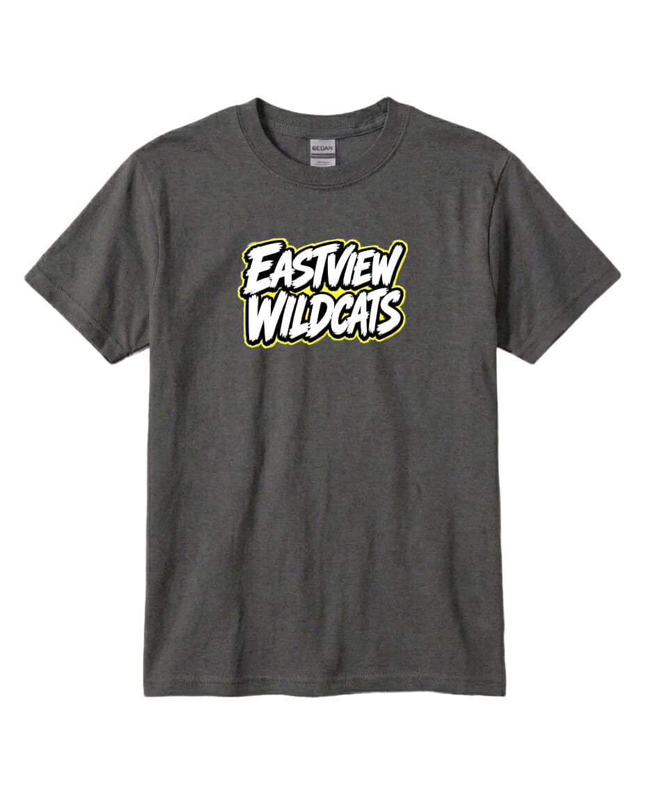 A gray t-shirt with a yellow and white graphic design on the front.