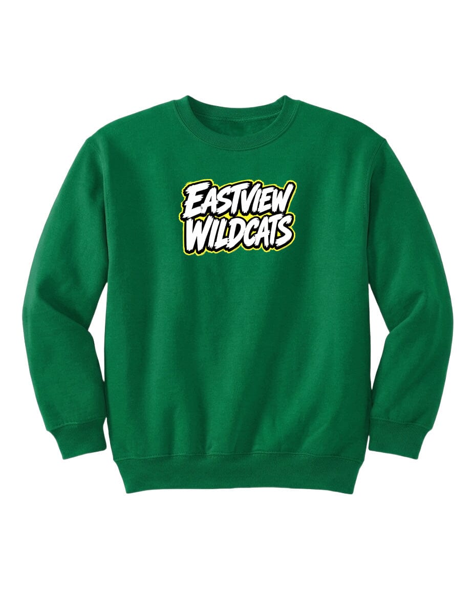 A bright green sweatshirt with the text "Eastview Wildcats" printed on it.