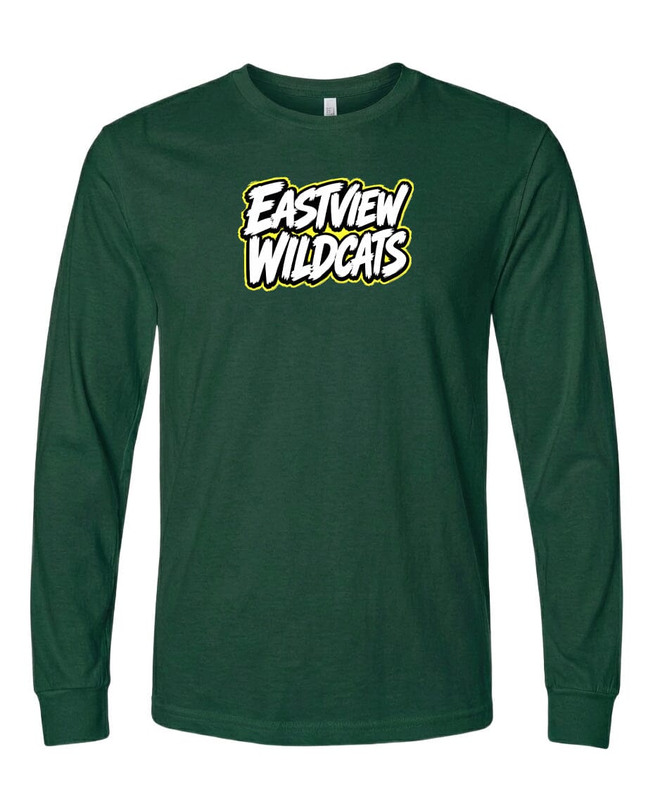A dark green long-sleeved t-shirt with a white and yellow logo printed on it.