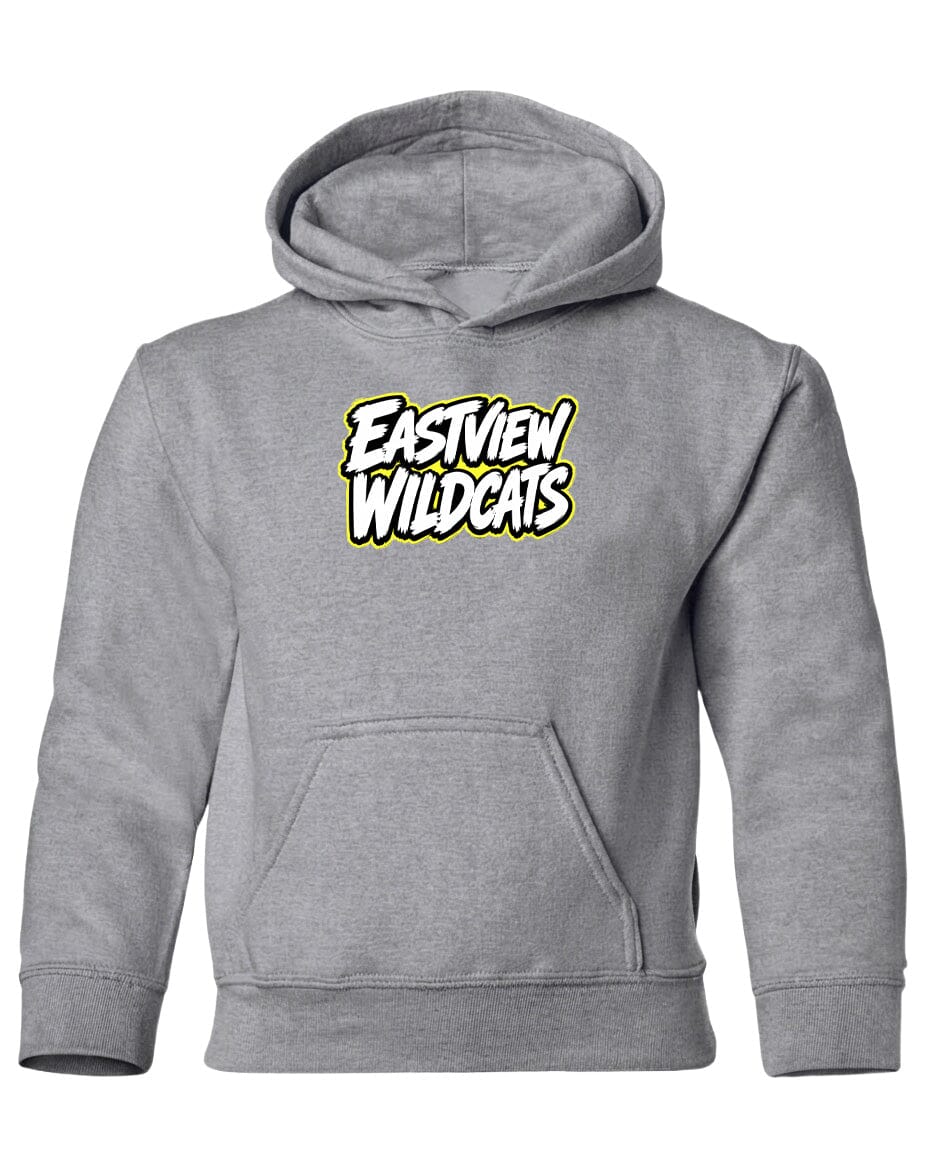 A gray hooded sweatshirt with the text "Eastview Wildcats" printed on it.