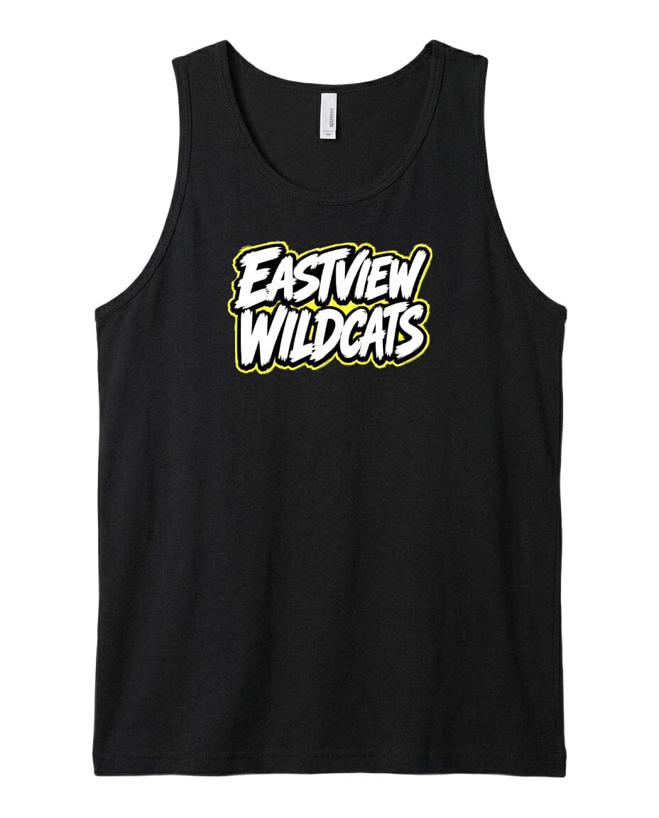 A black tank top with a white and yellow text logo that says "EASTVIEW WILDCATS".