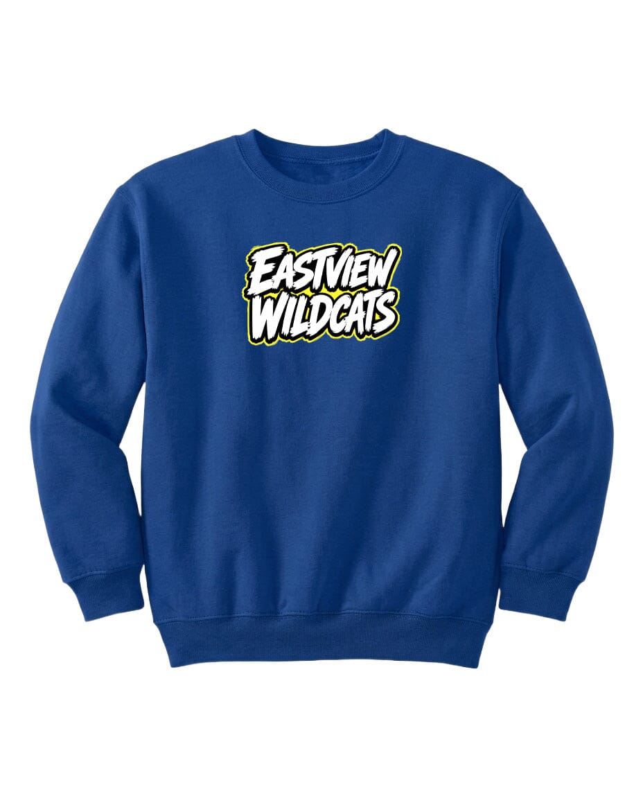A blue sweatshirt with the text "EASTVIEW WILDCATS" printed on it.